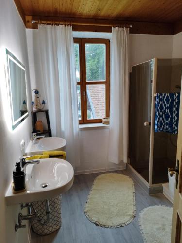 a bathroom with a sink and a shower at Ferienwohnung Bruckmühle in Wasserburg am Inn