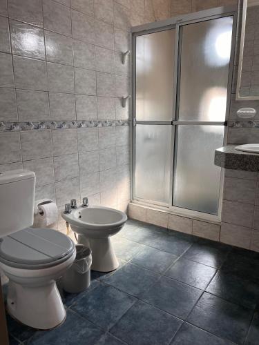 a bathroom with a toilet and a sink and a shower at Hosteria Prince in Chajarí