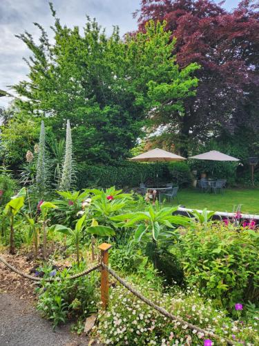 a garden with tables and umbrellas and flowers at Rose Court Holiday Apartments in Torquay