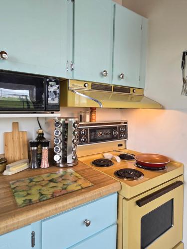 a kitchen with a stove and a microwave at Cozy cottage with private beach access in Grand Barachois