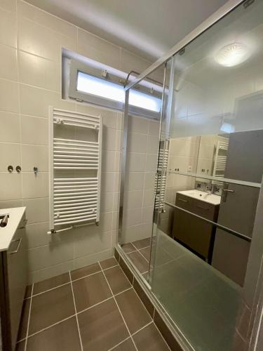 une salle de bain avec douche et lavabo dans l'établissement Appartement chaleureux en centre-ville, à Clermont-Ferrand