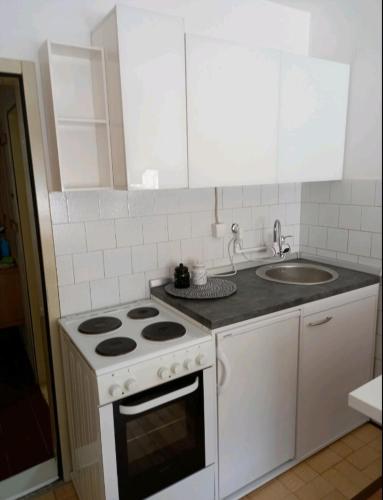 a white kitchen with a stove and a sink at Jelena in Nova Varoš
