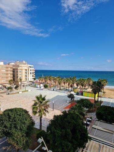 a view of a beach with palm trees and the ocean at Apartament La Mata in La Mata