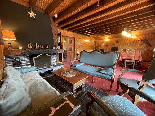 un salon avec un canapé et une cheminée dans l'établissement Alpee 5 - Appartement proche pistes de ski, à La Clusaz