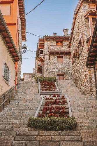 an outdoor stairway with flowers in a garden at Cim's Apartments Cerdanya 1 in Bellver de Cerdanya 