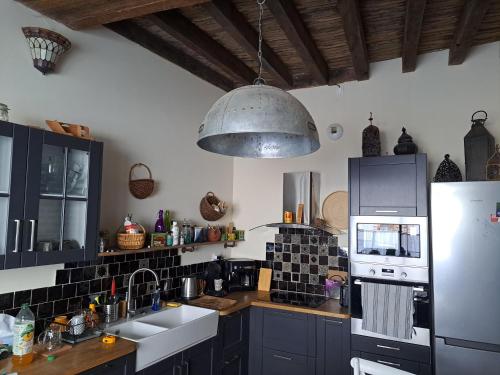 a kitchen with a sink and a refrigerator at Logement atypique in Les Hauts-Saint-Jean