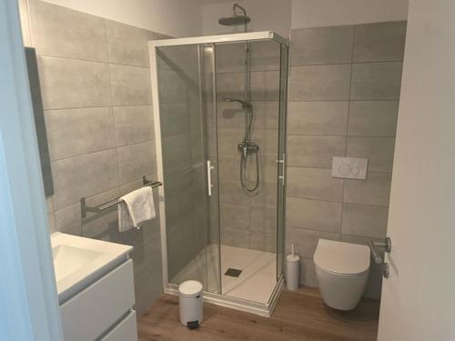 a bathroom with a shower and a toilet at Corse du sud Fiori di cala rossa T2 rez de jardin dans résidence piscine in Lecci