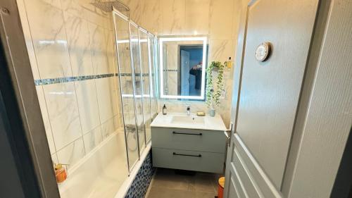 ein Badezimmer mit Waschbecken, Dusche und Spiegel in der Unterkunft Appartement 4 pièces proche Paris et Disneyland in Fontenay-sous-Bois