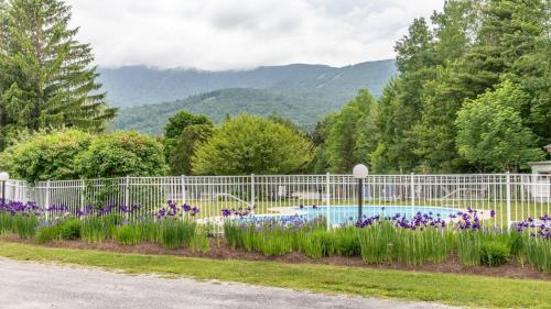 a white fence in front of a garden with purple flowers at Bridges Circle condo in Warren
