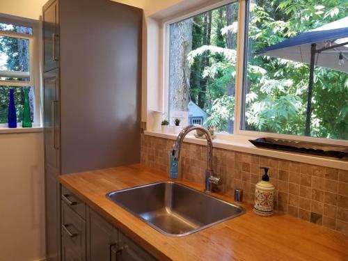 eine Küchentheke mit Spüle und Fenster in der Unterkunft The Cottage on Claire in Point Roberts