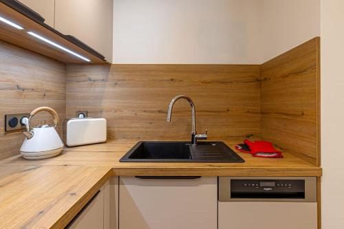 une cuisine avec un évier et un plan de travail dans l'établissement L'Idylle - Vue lac, à Tresserves