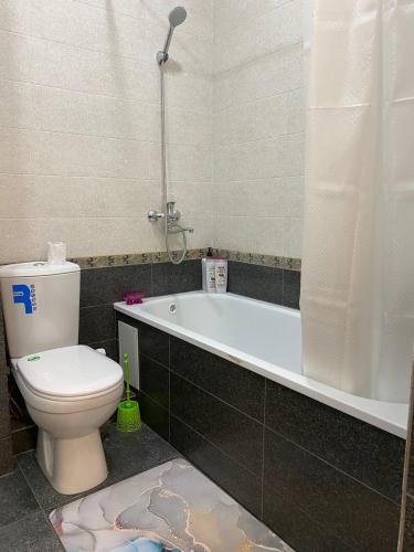 a bathroom with a toilet and a bath tub at New Cozy Apartment in Bishkek