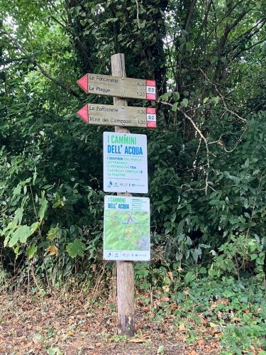 a sign with several signs on a wooden pole at M.Sommer House in Pistoia