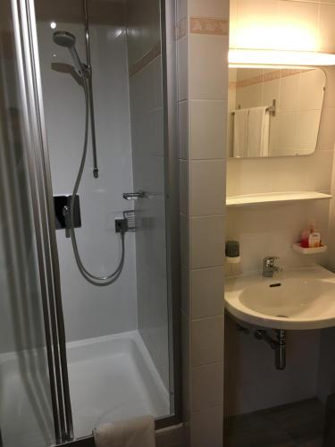 a bathroom with a shower and a sink at Landhaus Holzereck - Zweibettzimmer in Ehrwald
