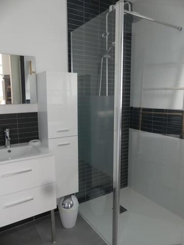 une salle de bain blanche avec une douche et un lavabo dans l'établissement Rencontre terre et mer, à Bourgneuf-en-Retz