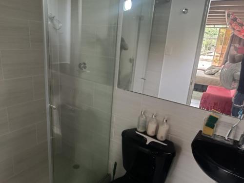 un bagno con doccia, WC e specchio di AKUARELA APARTAMENTOS CAMPESTRES Ibagué a Ibagué