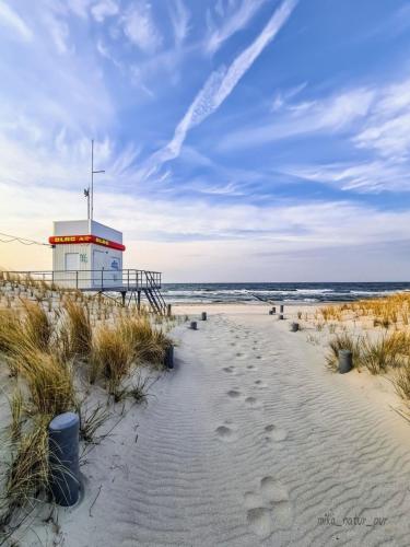 a view of a beach with a lighthouse at Fewo Henri in Zempin