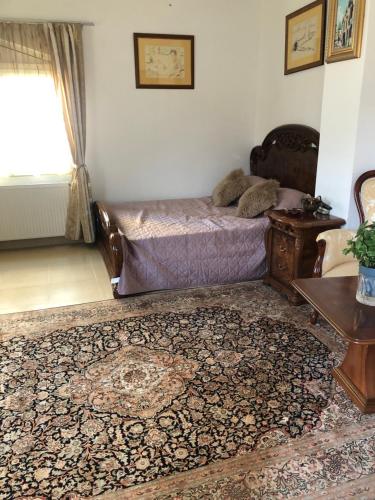 a bedroom with a bed and a table and a rug at Romana in Golubac
