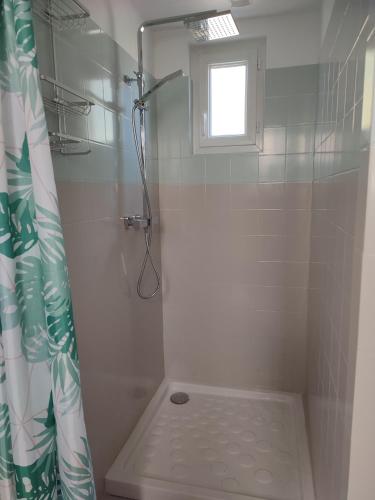 une salle de bain avec une douche avec un rideau de douche dans l'établissement hortensia 8, à Saint-Étienne-de-Mer-Morte