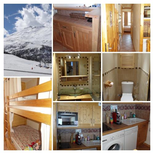 un collage de quatre photos d'une cuisine dans l'établissement Appartement Granel Les Menuires, aux Menuires