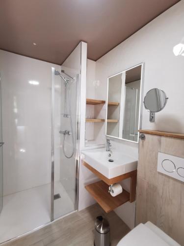 une salle de bain avec un lavabo et une douche dans l'établissement Domaine Jolidetour climatisé, piscine et tennis privés, à Saint-Crépin-et-Carlucet