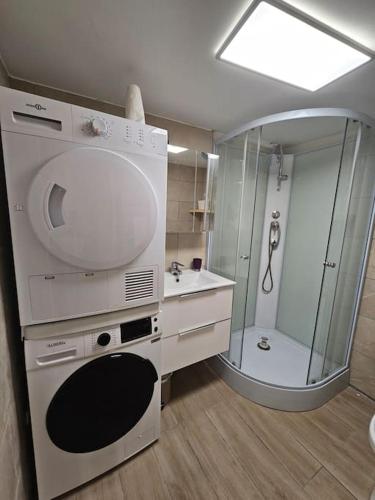 une salle de bain avec une douche, des toilettes et un lavabo dans l'établissement Appartement 2 pièces en souplex, à Athis-Mons