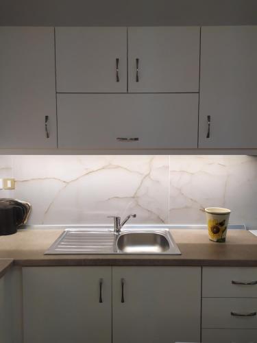 a kitchen counter with a sink and white cabinets at Ellie's house in Kozani