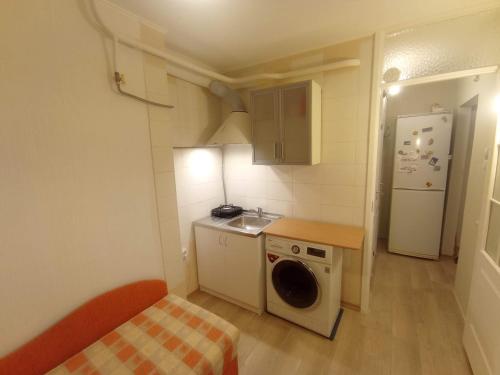 a small kitchen with a sink and a washing machine at A comfortable room with balcony in Tallinn