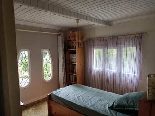 une chambre avec un lit et deux fenêtres dans l'établissement Maison dans l'arrière pays niçois entre mer et montagne, à Tourrette-Levens