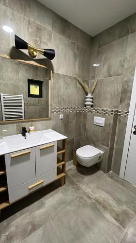 a bathroom with a sink and a toilet in it at Villa Sienna in Ruđinci
