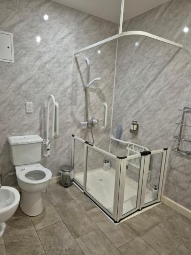 a bathroom with a shower with a toilet and a sink at The Hedges Hotel in Stranocum