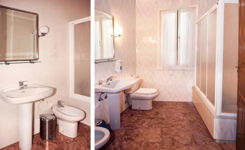 two pictures of a bathroom with a sink and a toilet at Hernani Bardenas in Arguedas