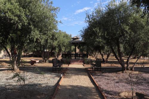 a park with benches and a gazebo with trees at Estancia Los Amigos Valle de Guadalupe in Valle de Guadalupe