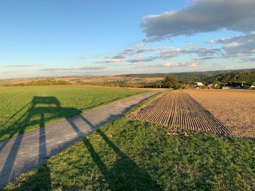 a long shadow of a plowing implement on a field at Gemütliche Ferienwohnung "Eifel - Moselhöhe", Nähe Pyrmonter Felsensteig in Roes