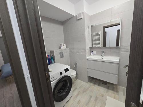 a bathroom with a washing machine and a sink at Cip Apartament Tazlaului in Bacău