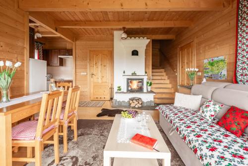 a living room with a couch and a fireplace at DOMKI TATRY z jacuzzi i sauną w cenie - spokojna okolica - świetna dla rodzin z dziećmi lub grupy znajomych! in Szaflary