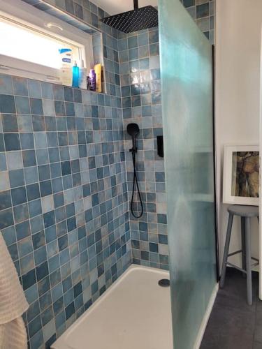 une salle de bain avec douche aux carreaux bleus dans l'établissement Mini Penthouse, à Avignon