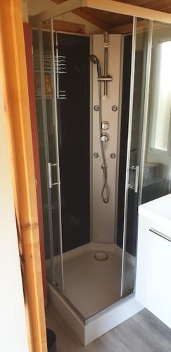 una doccia con porta in vetro in un bagno di Casa verde a Cazilhac