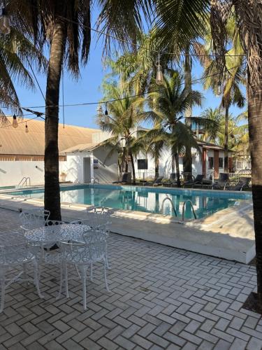 une piscine avec des palmiers et des chaises à côté d'un complexe hôtelier dans l'établissement Hotel Catarinense, à Sorriso