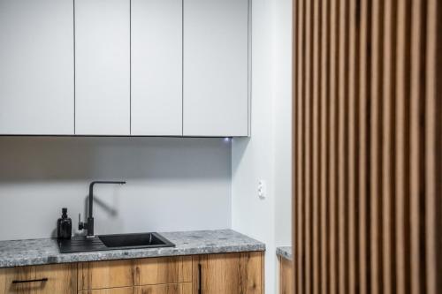 a kitchen with a sink and white cabinets at Apartamenty Balijskie in Gliwice