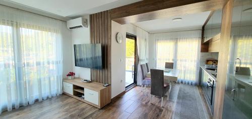 a living room with a television and a desk with a chair at Studio apartmani Anika in Vrdnik