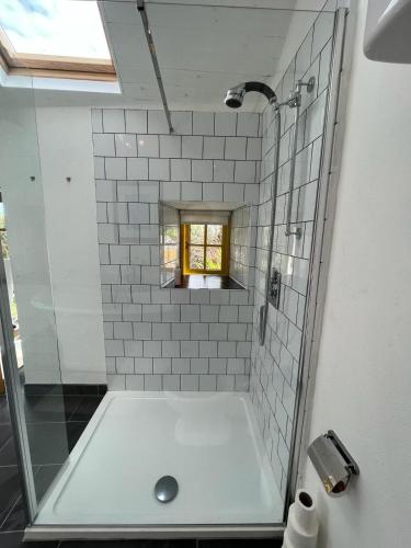 a bathroom with a shower and a bath tub at Pier Cottage with private water access to Colla Pier in Schull