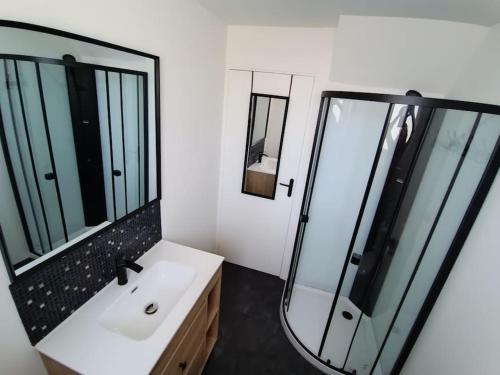 a bathroom with a sink and a mirror at Les brumes du Mont Saint Michel in Beauvoir