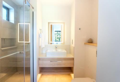 a bathroom with a sink and a shower at Oceanfront Getaway Grand Gaube in Grand Gaube