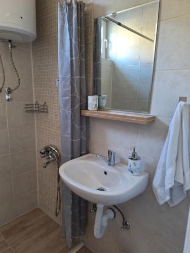 une salle de bain avec un lavabo, un miroir et une douche dans l'établissement Apartman Look, à Jajce