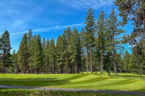 a green field with trees and a road at Haddon Lodge in Black Butte Ranch
