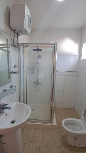 a bathroom with a shower and a sink and a toilet at American Mall apartment, Osu in Accra