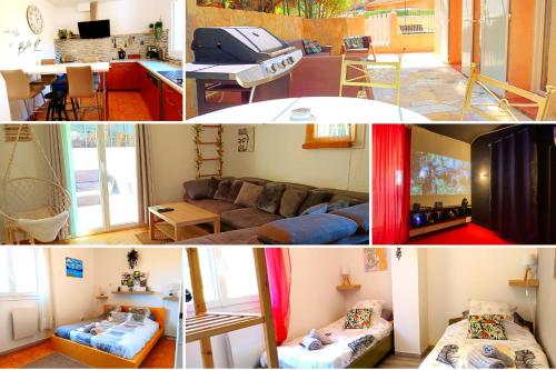 un collage de quatre photos d'une pièce dans l'établissement Villa Naïs 126m2-Zen-Salle Cinéma-Piscine, à La Valette-du-Var