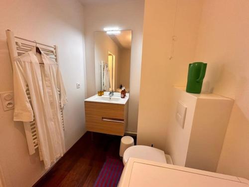 La petite salle de bains est pourvue d'un évier et d'un réfrigérateur. dans l'établissement Appartement à 10 min centre Paris métro 13 et 14, à Saint-Ouen