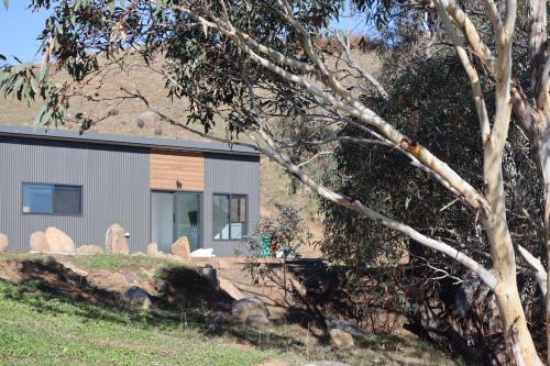 a building with a tree in front of it at Hygge Eco Cabins Beautiful New Cabins with Amazing Views in Jindabyne